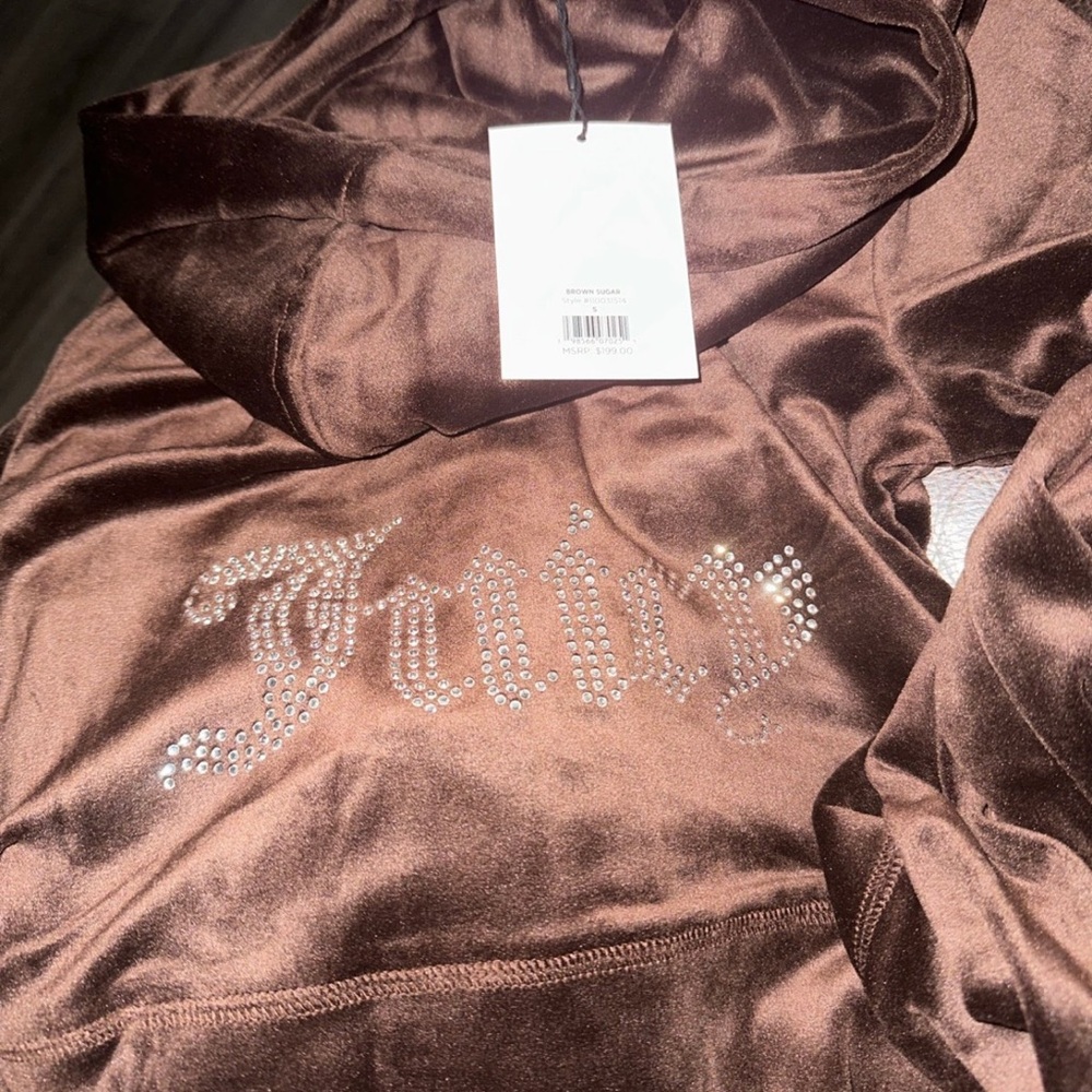 Brown Rhinestone Script Logo Velvet Hoodie Jacket
